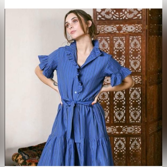 Mille Victoria Dress in Cobalt Stripe. Size Medium. - Picture 2 of 16